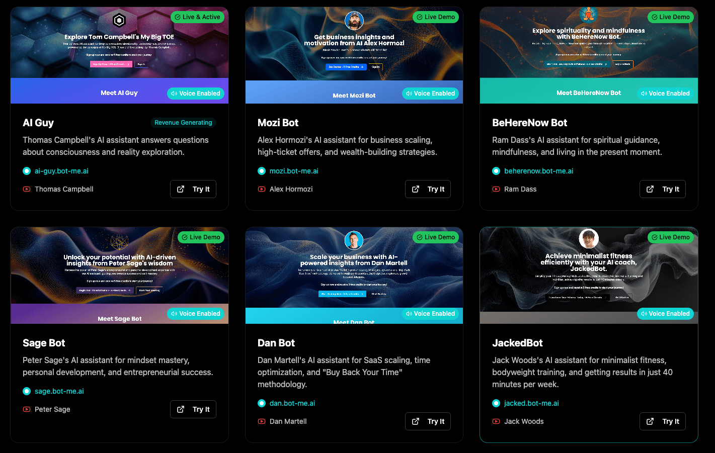 Bot-Me.ai marketplace — Live AI assistants for YouTube creators